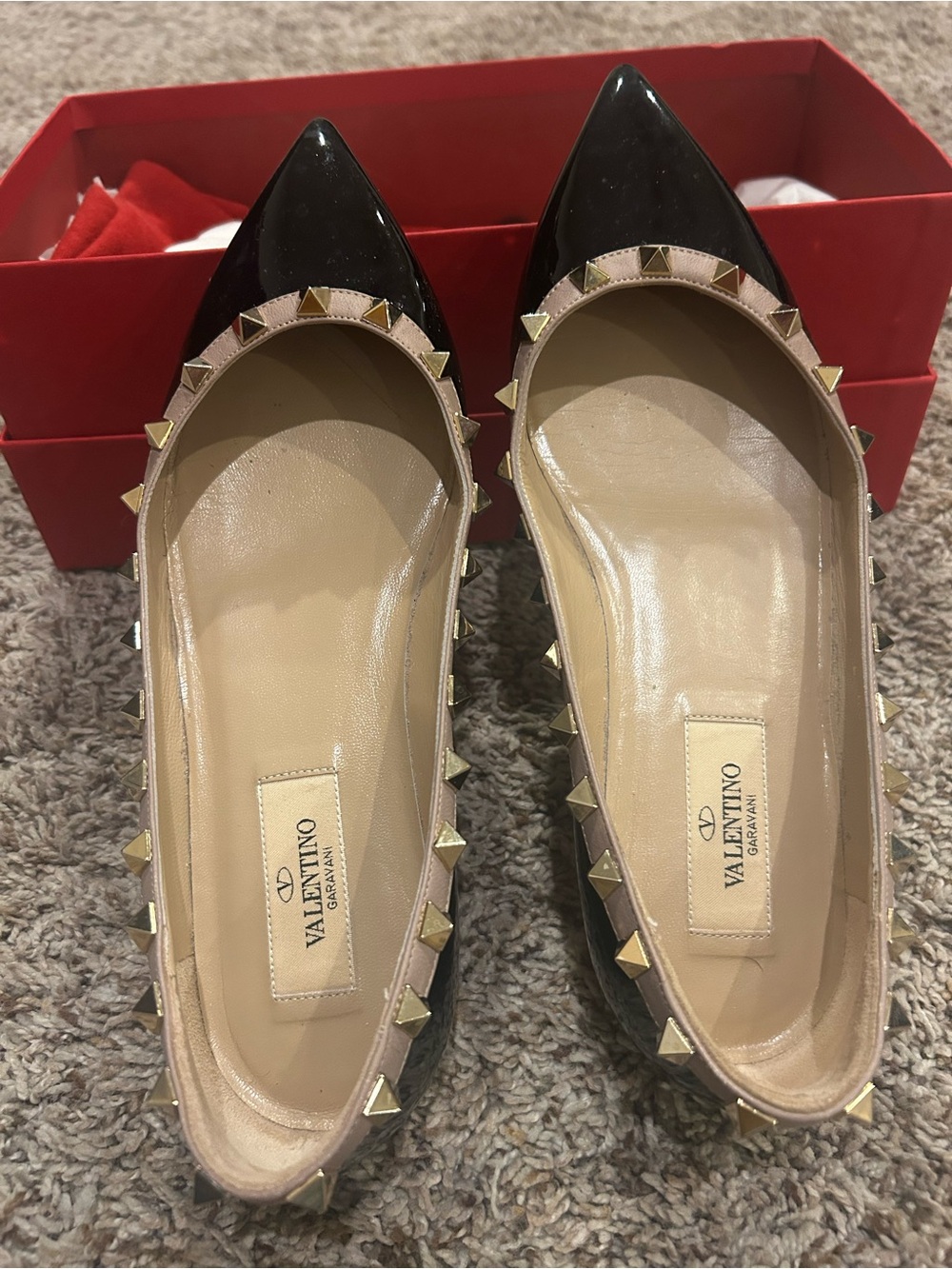 Valentino Garavani Black Patent Rockstud Pointed Ballet Flats with Nude Trim